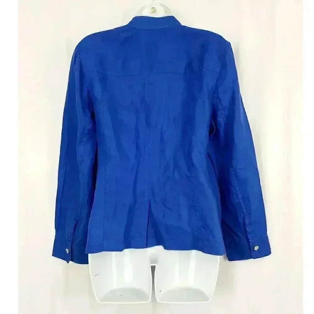 Chico’s‎ Cobalt Blue Jacket Shacket Sz 1 100% Linen Women's High Neck - Picture 2 of 16